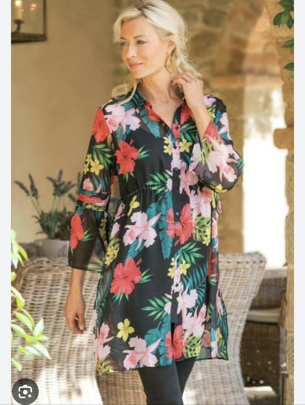 Soft Surroundings Womens Tropical Floral Button-Up Tunic size Small Petite